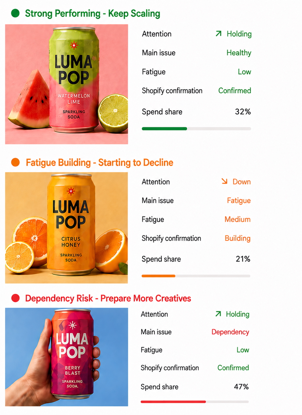 BrandOS creative health cards showing which products are still carrying growth, starting to soften, and where dependency risk is building.